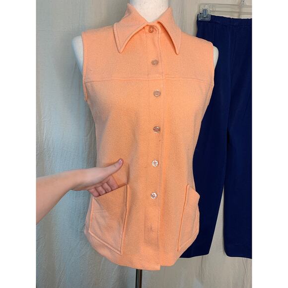 1970s Retro Pastel Orange Blue Textured Disco Dagger Collar Tank Pants Set S - Picture 3 of 5